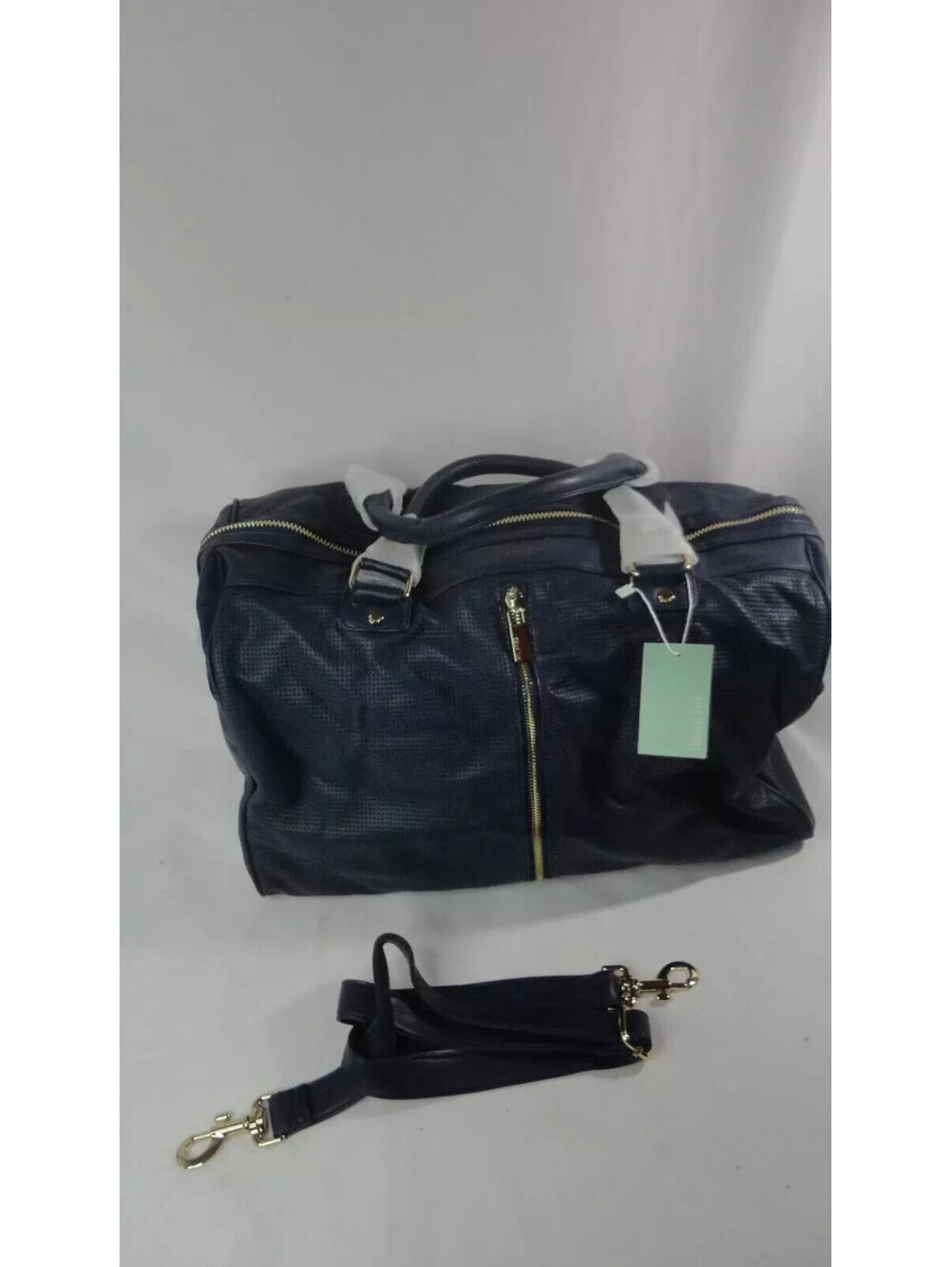 Deux Lux Downtown Weekender Duffel Bag Navy Blue Faux Leather + Dust Bag  READ!!
